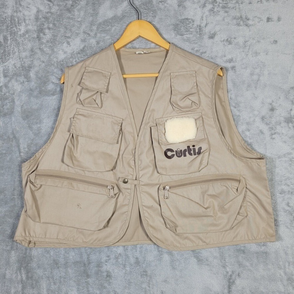 Vintage Curtis Vest Mens XL Tan Fly Fishing Outdoor Pockets Camping Hiking USA